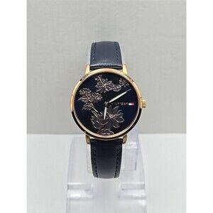 Tommy Hilfiger Womens Floral Dial Rose Gold Blue Leather Quartz New Battery 35mm